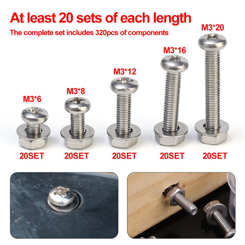 640/320 stk. sett med  m3 sekskantskruer og muttere i rustfritt stål, flate, runde hettebolter, assorteringssett, unbrakoboltsett, maskinvare