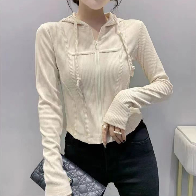Spring Autumn Slim Patchwork Zipper T-shirt Lady Long Sleeve Solid Color Hooded Top Women Casual All-match Cardigan Tees