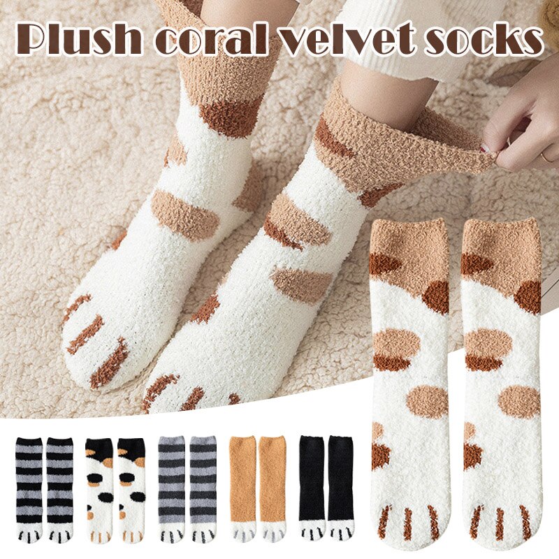 Women Plush Fleece Socks Cartoon Cat Claws Thickened Autumn Winter Warm Socks WHShopping