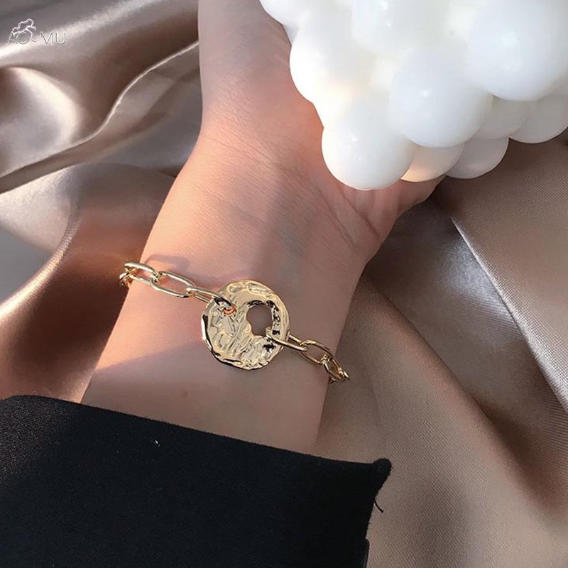 Aomu korea geometrische ronde munt portret hanger armband enkelband voor vrouwen metalen holle ronde ketting armband sieraden