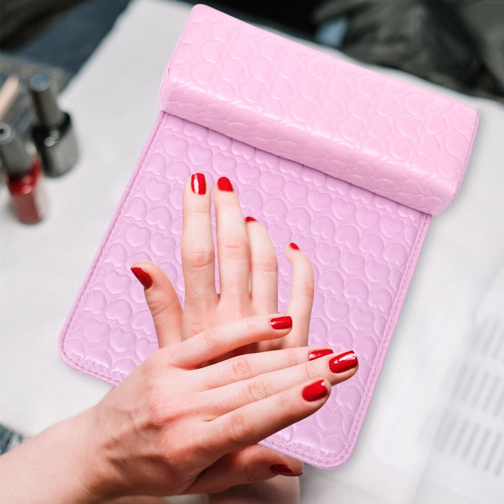 1 Set Van Manicure Hand Rest Kussen Kussen Pad Hart Patroon Pu Leer Nail Art Arm Polssteun Houder Mat (Rosy)
