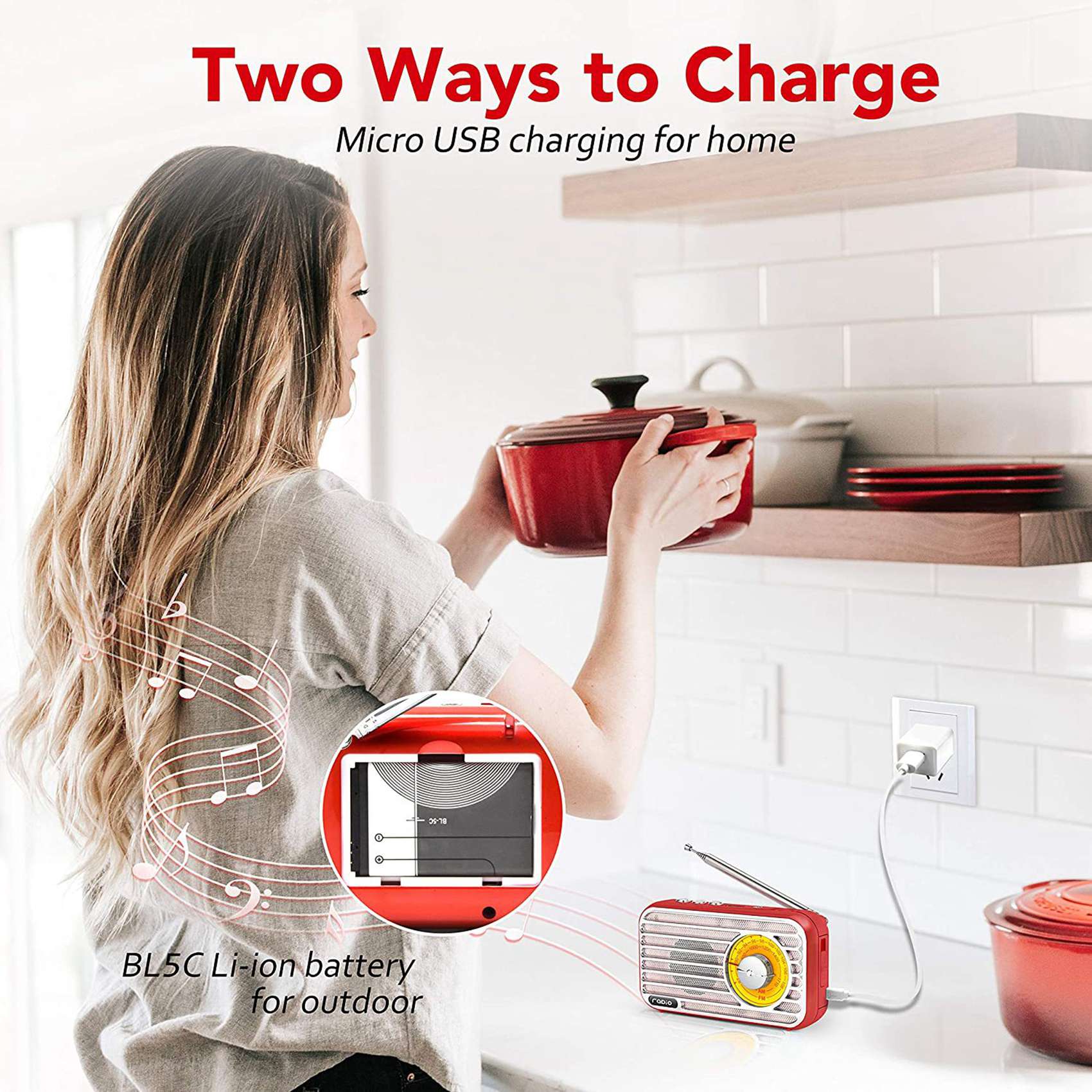 Retro Radio Am/Fm Draagbare Radio Heeft De Beste Ontvangst De Hoofdtelefoonaansluiting Voor Joggen Wandelen En Reizen (rood)