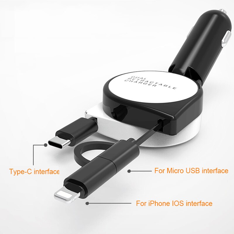 Nuovo 3-in-1 caricatore per auto retrattile a tiraggio singolo adattatore per ricarica rapida accendisigari per iphone porta androide di tipo C: bianca