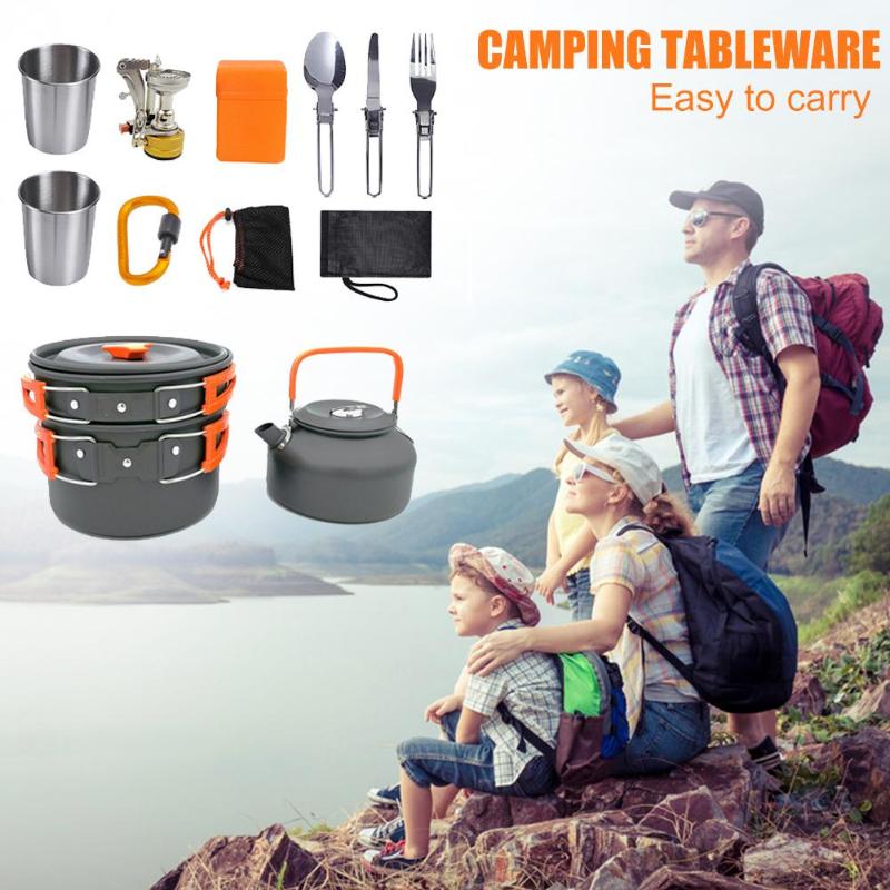 Outdoor Camping Kookgerei Set Servies Picknick Koken Pan Koekenpan Waterkoker Theepot Vork Lepel Water Cup Snijplank Picknick Gereedschap