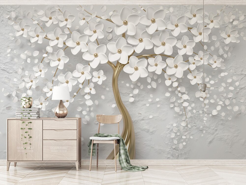 Vandtæt selvklæbende vægklistermærker 3d stereoskopisk præget hvidt blomstertræ oliemaleri moderne abstrakt vægmaleri