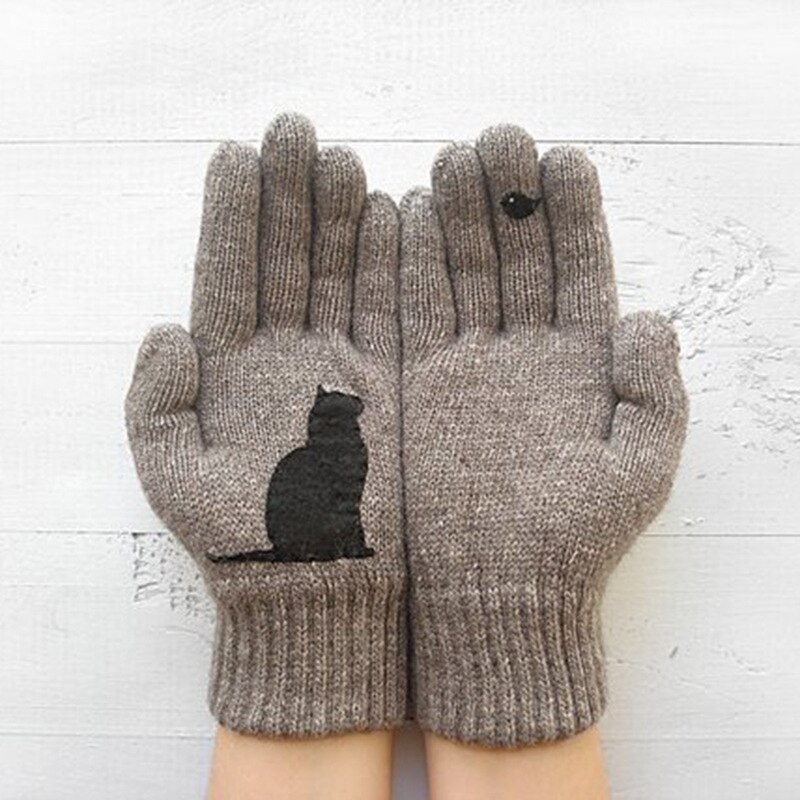 Tegneseriekat strikkede handsker kvinder vinter varm udendørs ridning tykkere trykte koldt bevis efterligning kashmir ren farve bløde handsker: Khaki