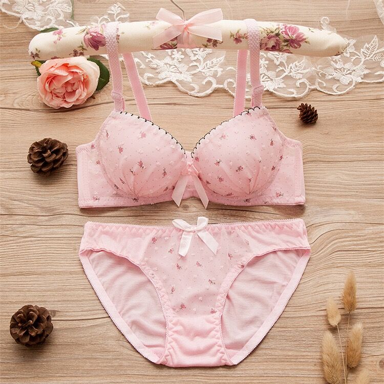 Teen Girls Bras and Panty Set Puberty Girls Lace Dot Cotton Underwear Set Bra Teenage Underwear Small Breast Bra: Pink / 12