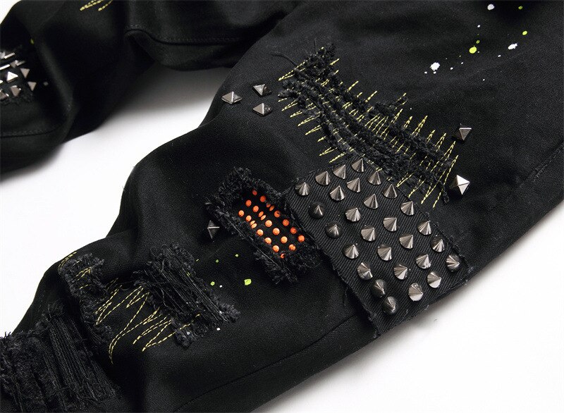 Pantalones vaqueros con remaches de Metal para hombre, Vaqueros rotos con agujeros, ropa de calle a la , Pantalones rectos ajustados elásticos Punk Rok