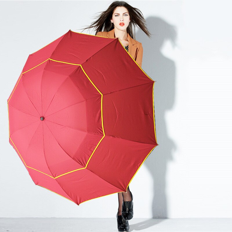 130cm Double Wind Resistant Umbrella Rain Woman Windproof 3Folding Umbrellas Men Outdoor Family Travel Business Large Paraguas: Red