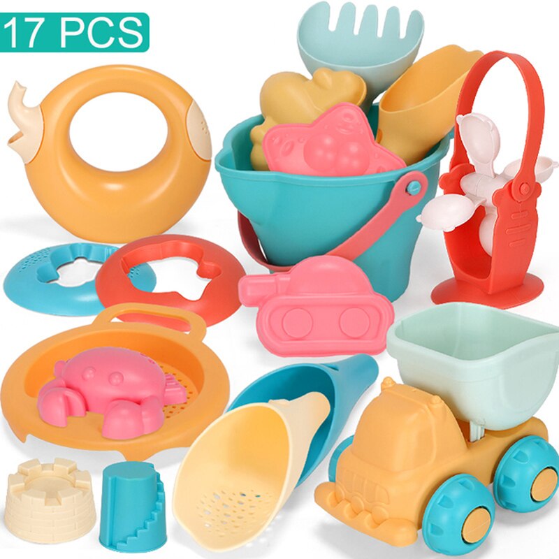 Kids Beach Toys Summer Soft Plastic Children Sandbox Set Kit Water Game Toys Play Sand Water Game Play Cart: 17PCS