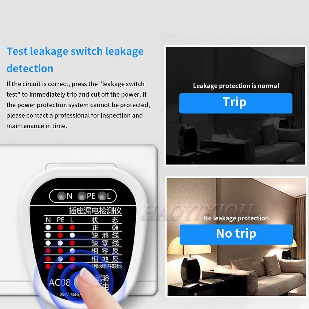 AC 220V~250V Socket Tester AC08 Portable RCD Plug Electrical Socket Circuit Polarity Detector Socket Leakage Detector