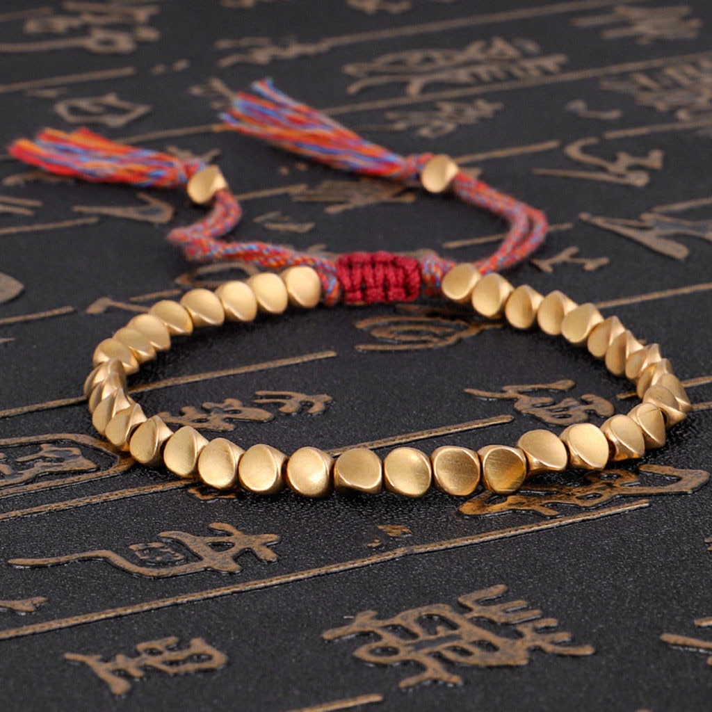 Handmade Tibetan Copper Bead Rope Bracelet & Bangles Unisex Wax Thread Bracelets Matte Gold Color Copper Beads Bracelet