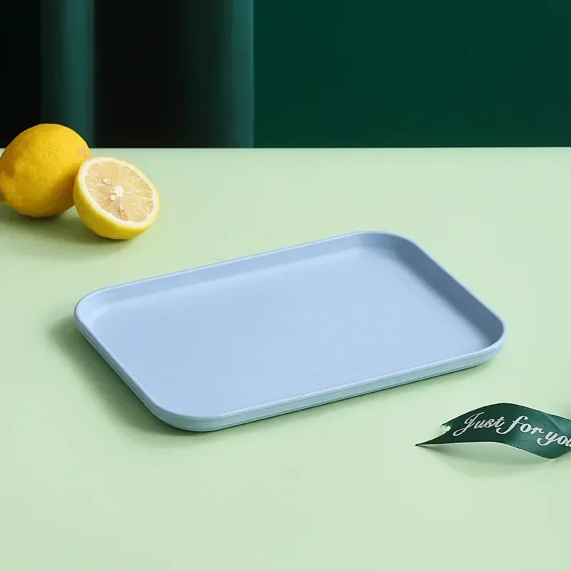 Wheat Straw Fruit Salad Tray Rectangular Dim Sum Dessert Fruit Plate Barbecue Skewers Large Capacity Tray Square Fast Food Trays: Blue / 10.5 inches