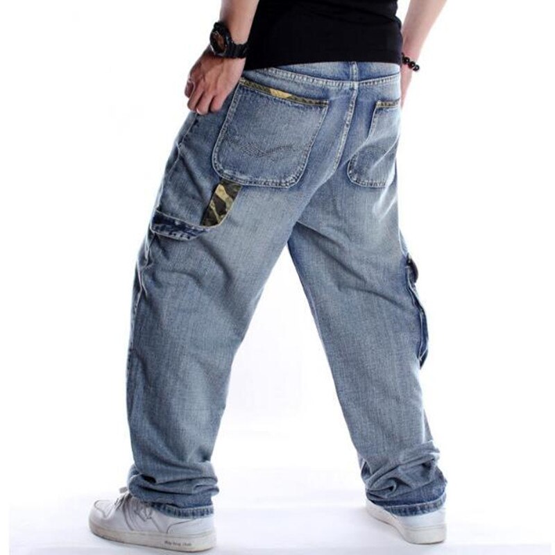 Baggy style mænds jeans hiphop løse store lomme drenge skateboard rap punk distressed blå cowboybukser plus størrelse 46: 34