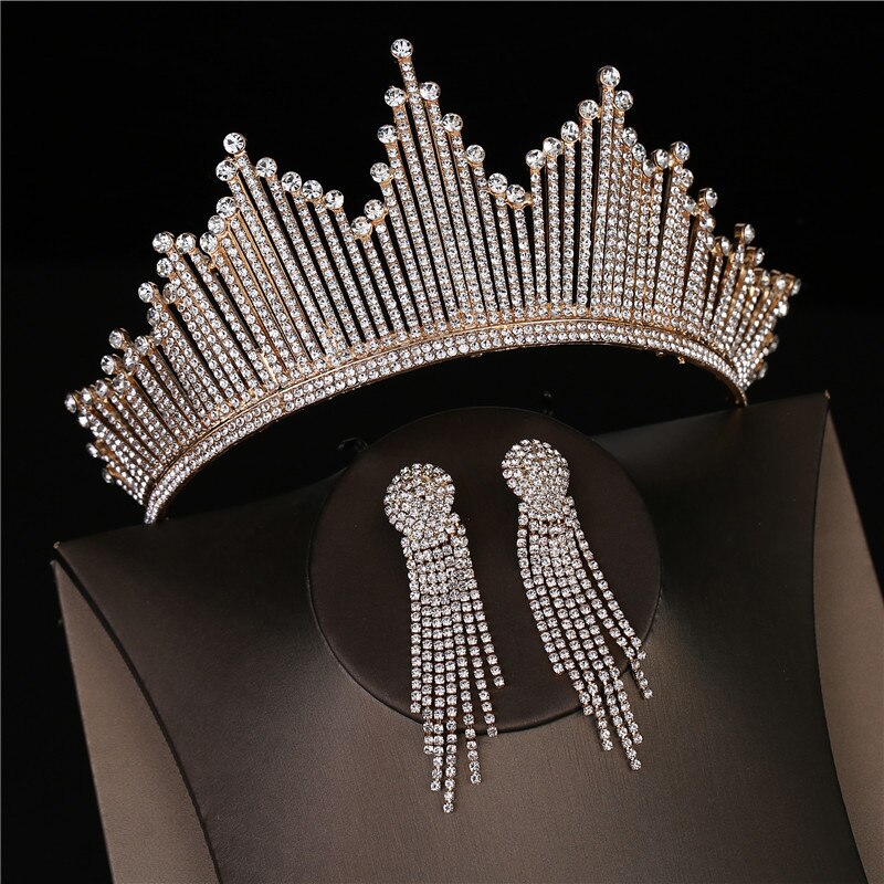Barroco luxo prata cor de cristal tiaras nupcial coroa com brincos strass pageant diadem casamento acessórios para cabelo bijoux: Style A Gold