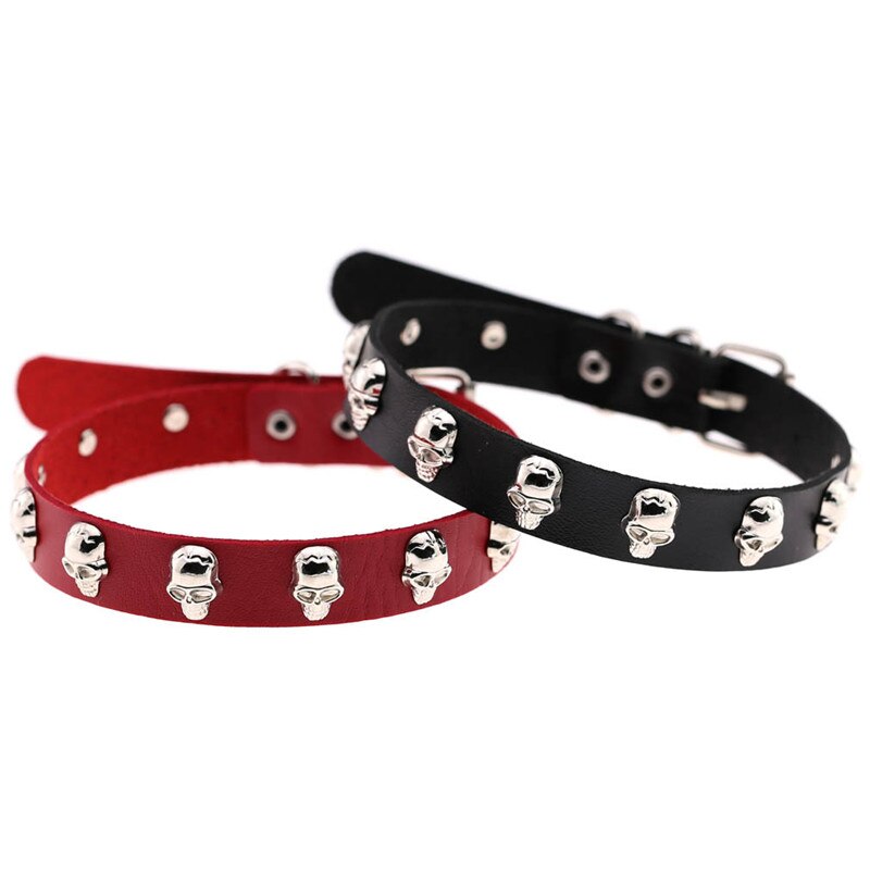 Trendy Punk Rock Silver Color Alloy Skull Leather Choker Necklace For Women Men Collar Jewelry