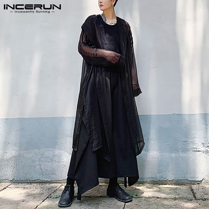 Men Coats Hooded Long Sleeve Streetwear Translucent Open Stitch Trench Solid Korean Thin Outerwear Mens Cloak INCERUN