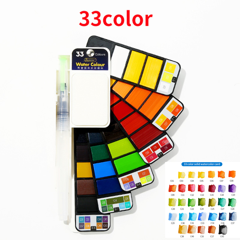 Set van 2 aquarelverf in  :18/25/33/42 kleuren, kunstset met waterpenseel, opvouwbaar aquarelverfpigment: 33 kleuren verfset