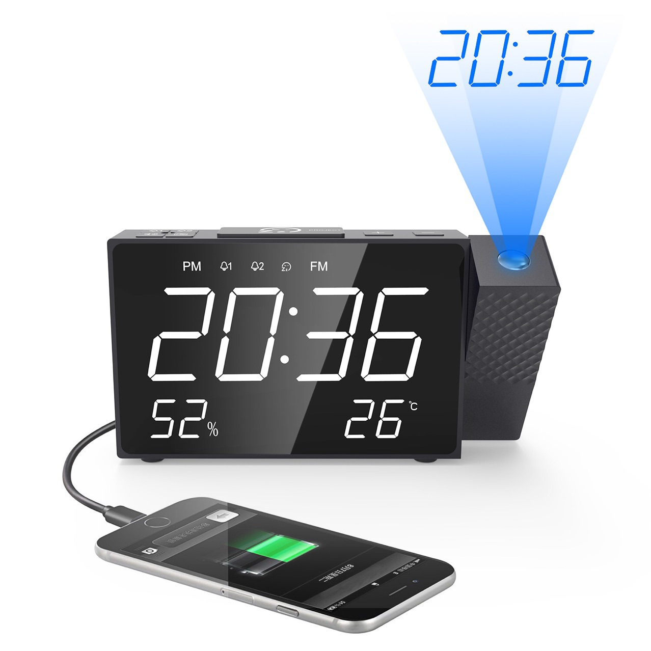 Digital Projector Alarm Clock Radio Time Temperature Wake Up Mirror Clock USB Charger LED Display Desk Table Projector Clock