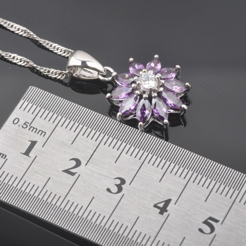 Purple Zirconia Crystal Costume Jewelry Sets Silver Color For Women Wedding Necklace Earring Ring QZ0437