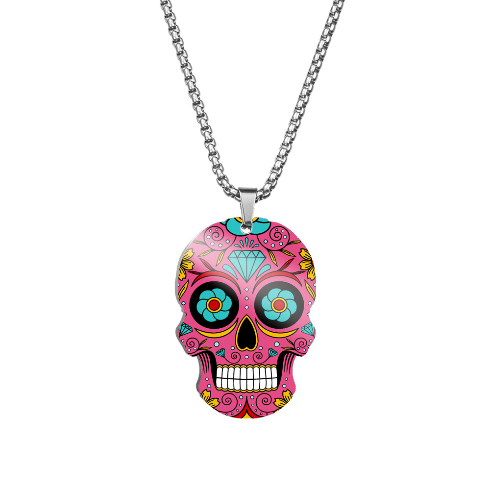 HNSP collar con colgante de calavera con impresión 3D de acero inoxidable para hombres y mujeres, joyería de Halloween, accesorio de: Rodio plateado