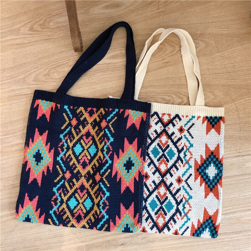 Hylhexyr weave kvinnor avslappnad väska retro mönster boho chic kvinnlig tote väska virkade daglig handväska stor kapacitet öppna väskor