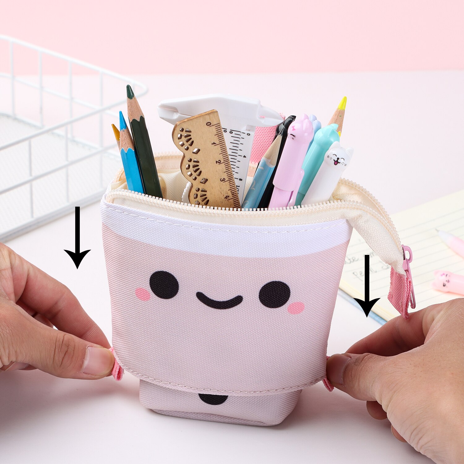 Cute Boba Milk Tea Telescopic Pen Bag Pen Pencil Holder Stationery Case Stand Up Pencil Case Pen Box Stationery Pouch Bag