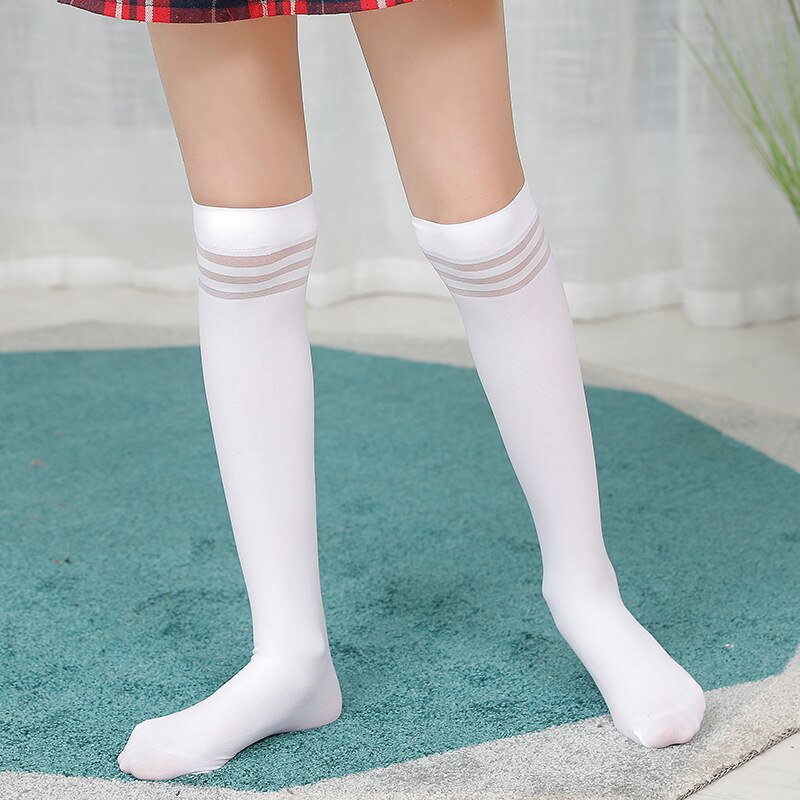 3-12Y Spring Summer Girls Cute Student School Thick Socks Kid Stockings Children Velvet Knee High Long Solid White Stripe Thighs: 5