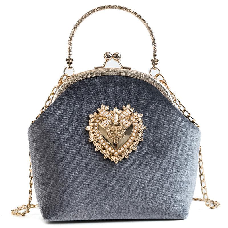 Kvindelig fløjl perle håndtaske vintage velour hjerte aftentaske bryllupsfest brud clutch velour taske pung: Grå