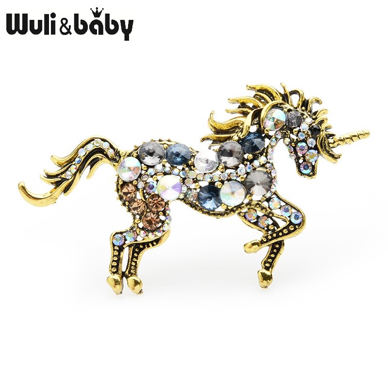 Wuli & Baby Rhinestone Eenhoorn Broches Vrouwen Legering Paard Dier Bruiloften Banket Broches Jaar