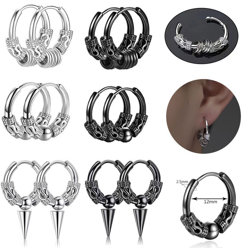 1 par de pendientes vikingos de acero inoxidable Punk, pendientes de aro de tótem de círculo redondo para hombres y mujeres, Huggie Hip Hop de 12mm, 14mm y 16mm