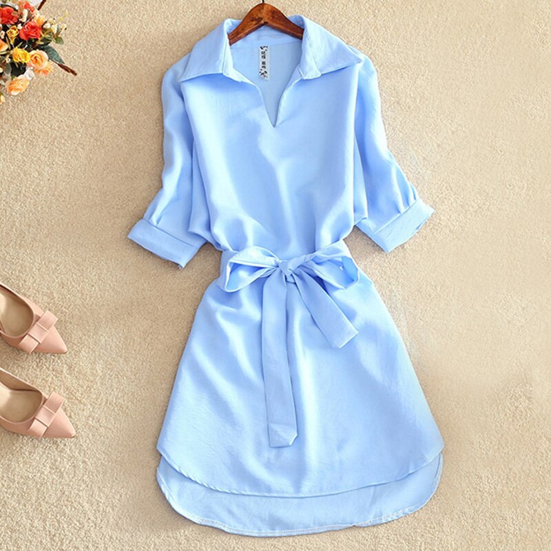 Casual hvit tunika kvinne kjole sommer kontor dame chiffon skjortekjole for kvinner kortermet solide sashes kjole vestidos: S / Blå