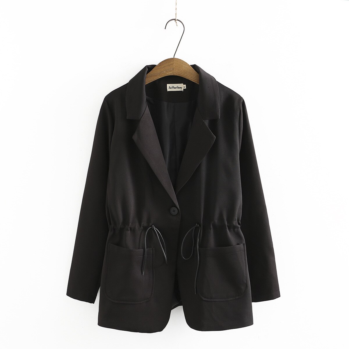 Women Clothing Blazer Plus Size Autumn Loose Western Style Drawstring Waist Tailored Suit Jacket: black / XXXL