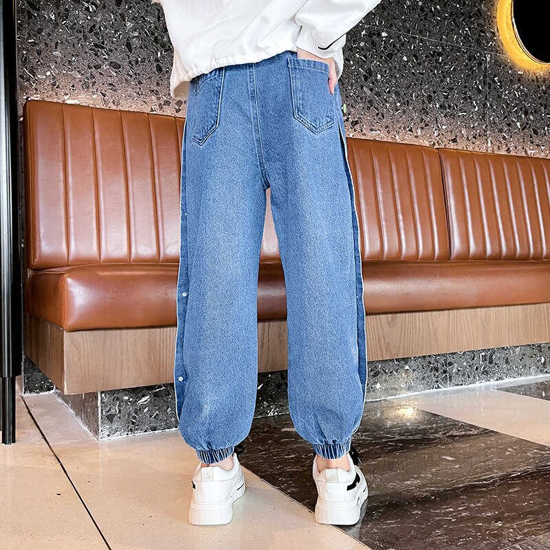 Pantalones vaqueros con botones laterales para niñas, ropa holgada para niños de 4, 6, 7, 8, 9, 10, 12 y 14 años, novedad, primavera y otoño