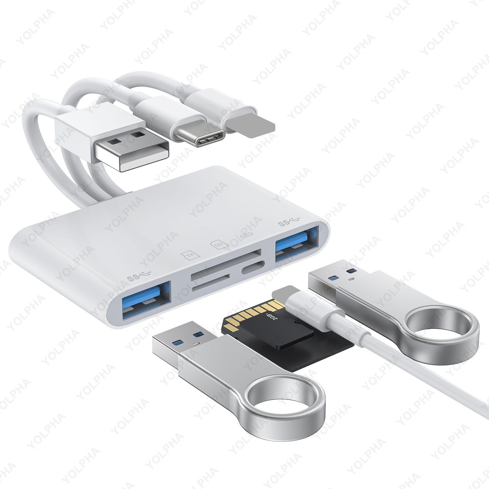Czytnik kart pamięci 5w1 USB OTG SD do iPhone'a iPada Urządzenia USB C A Gniazda Micro SD SD Obsługa SD Micro SD SDHC SDXC MMC: WHITE