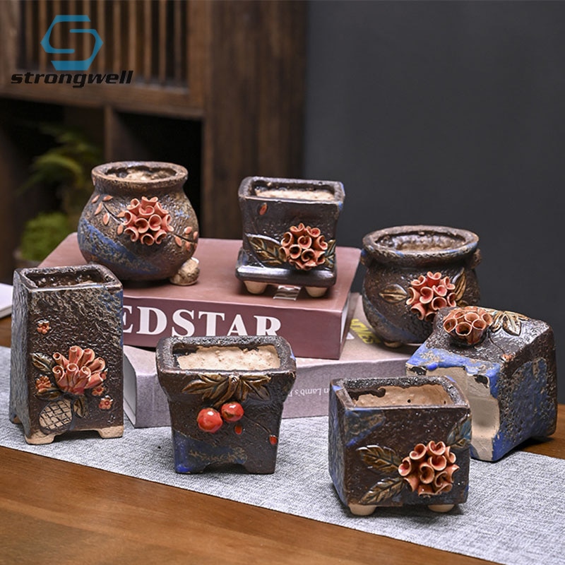 Strongwell-maceta de cerámica antigua amasada a mano, macetas para suculentas, decoración de jardinería para el hogar, maceta, ornamento