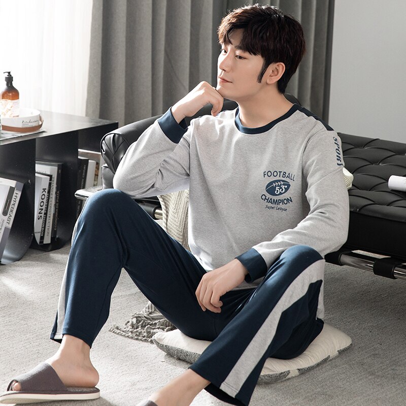 Autumn Winter Mens Full Pure Cotton Pajamas Letter Sleepwear Splicing Pajama Sets Casual Sleep&amp;Lounge Pyjamas Big Yards M-XXXL