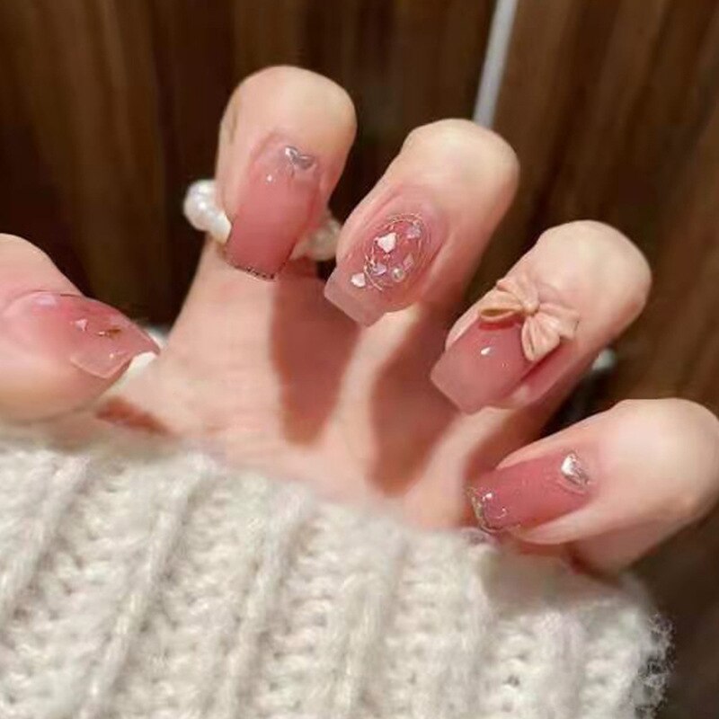 24pcs/box Stick On Nails with glue bear bow false nails bling press on nails nail supplies for professionals full cover: 229