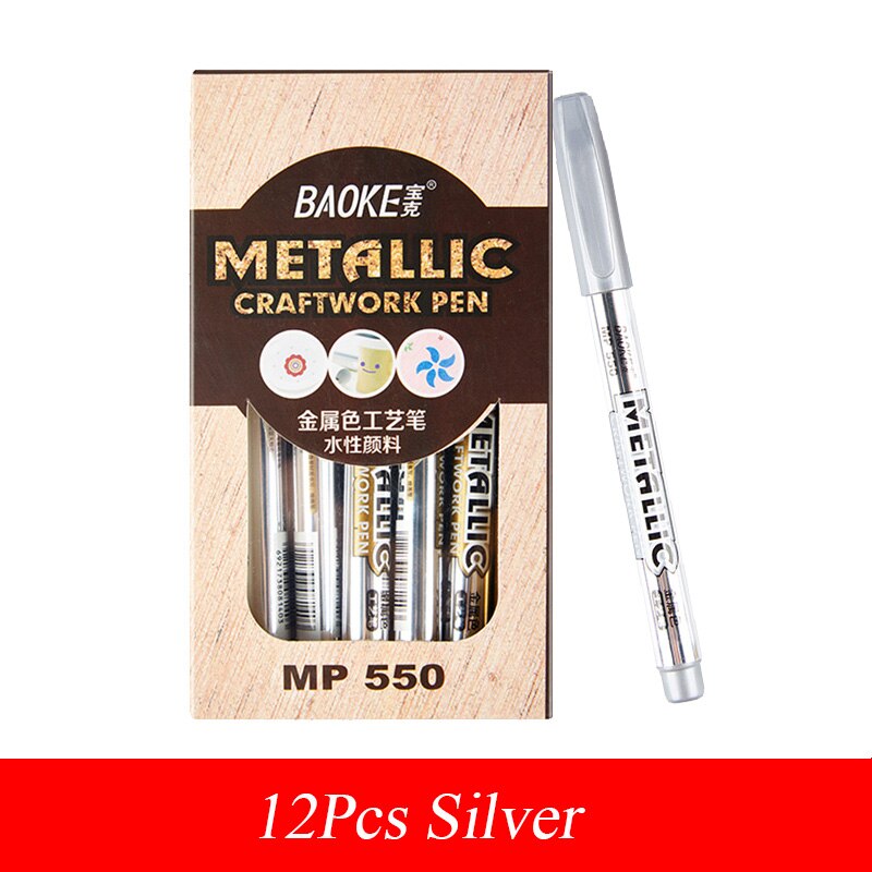 BAOKE Metalli Permanent Paint Marker Pens Waterproof Gold Silver for Drawing Greeting Card Postcard Marker Craftwork Pen: 12Pcs Silver