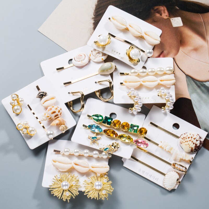 Vinden Me Mode Shell Strass Oorbellen Haarspelden Sieraden Set voor Vrouwen Eenvoudige Legering Imitatie Parel Haar Clips Accessoires