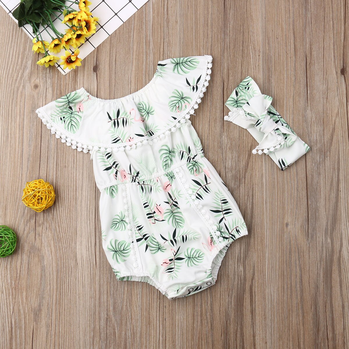 Lovely Newborn Baby Girl Boys Flamingo Bodysuits Headband Clothes Ruffle Sleeve Tassel Jumpsuit Summer Outfit