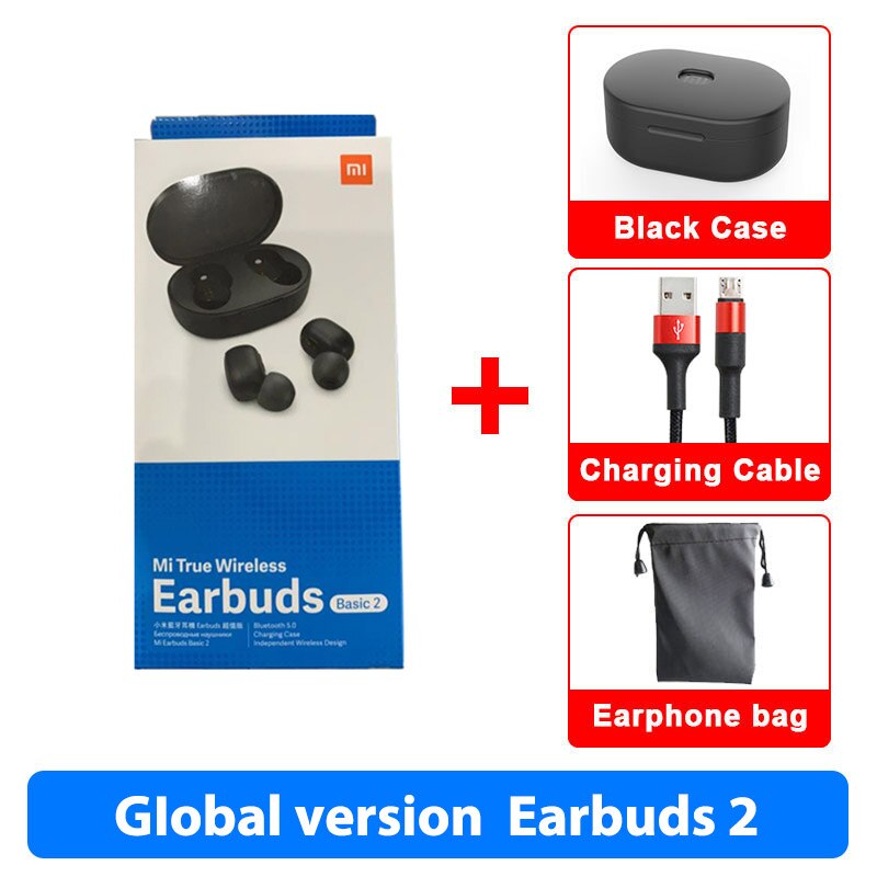 Global Version Xiaomi Redmi AirDots 2 Bluetooth5.0 Low Lag Mode TWS Bluetooth Earphone Headset BT5 True Wireless Stereo Auto: 2 GL Cable N Black