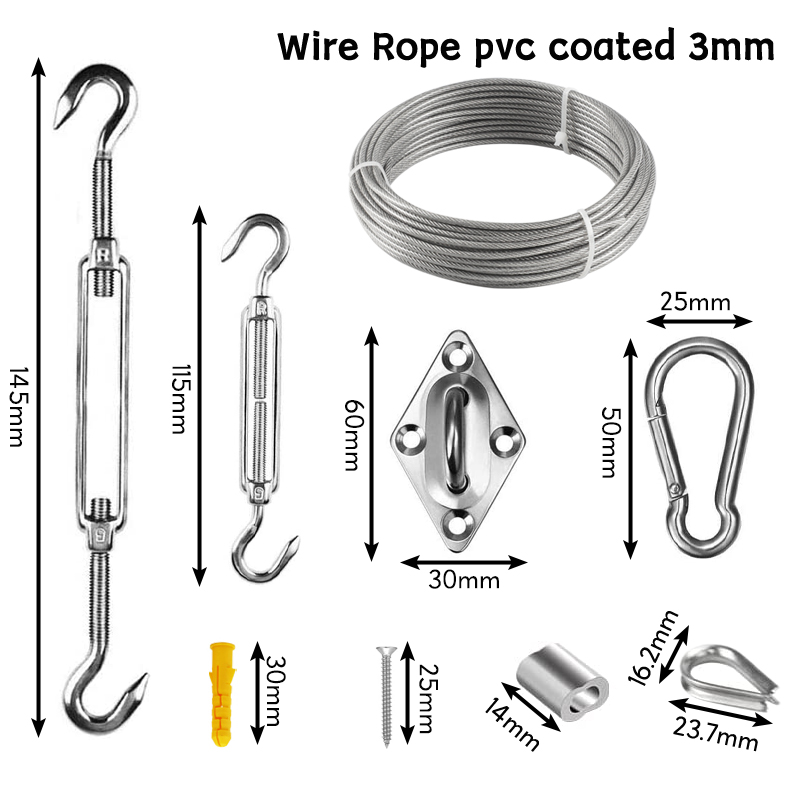 Sonnenschutz Segel quadratische Hardware--Anbausatz 15m/3mm Edelstahl beschichtetes Drahtseil für sterben Installation von Markisen zubehör