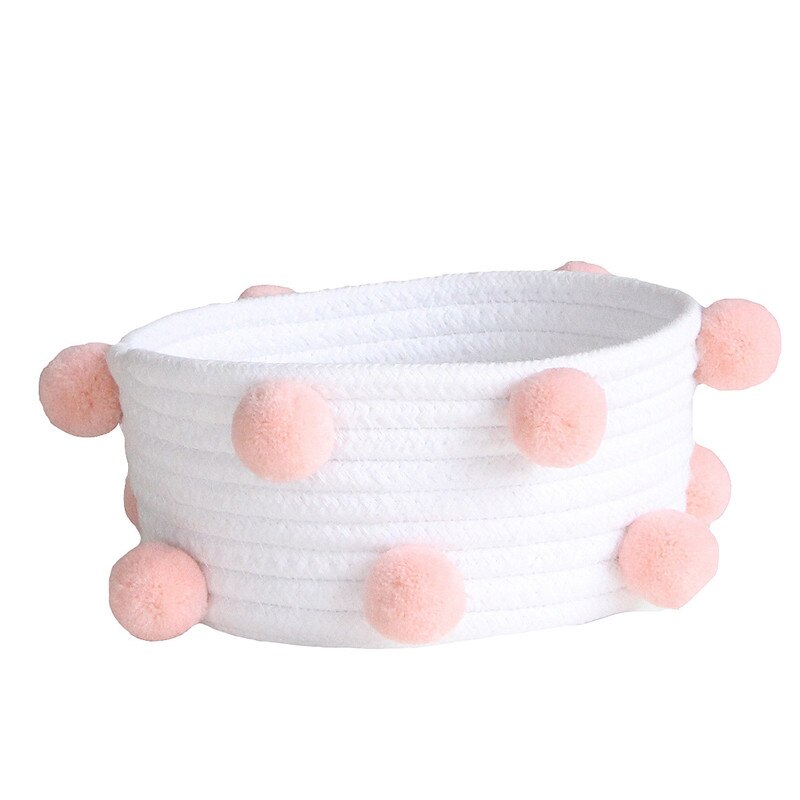 1Stck Baumwolle Pom Lagerung Korb Handarbeit Gewebt Schmutzig Wäsche Korb freundlicher Spielzeug Schreibtisch Kleinigkeiten Organizer: Weiß
