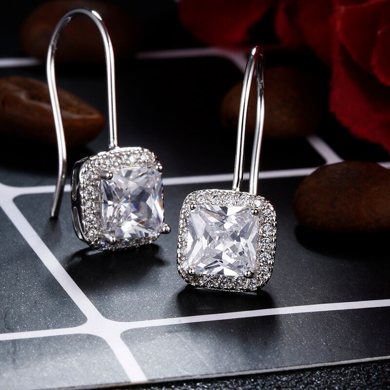 100% 925 sterling sølv skinnende cz zirkon firkantede damer øreringe kvinder smykker kvindelige billige