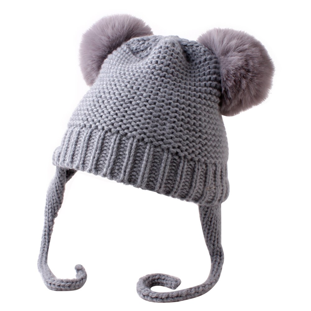 ¡Novedad de ! Accesorios para bebés, gorros de lana tejidos con cinta, gorros cálidos para el invierno para niños y niñas, gorros de lana tejidos con bola peluda: Gris