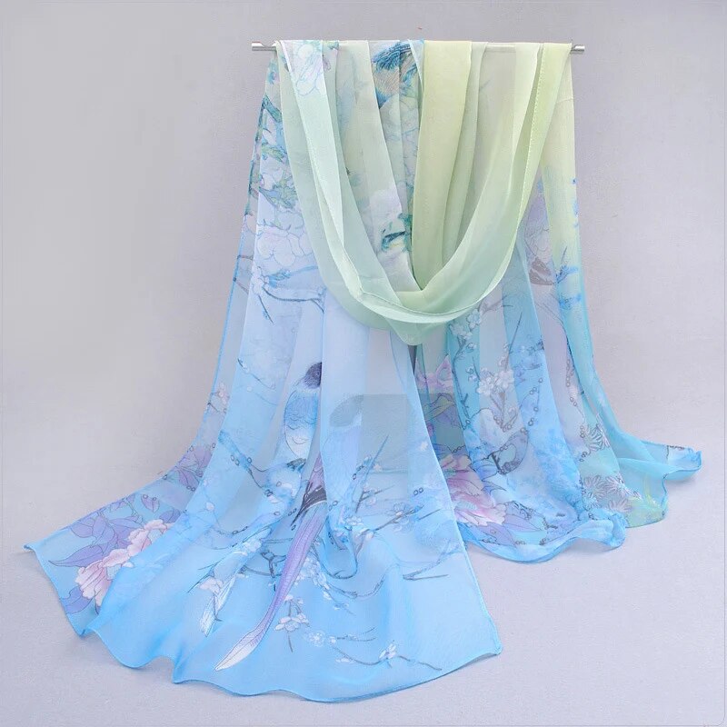 Spring Summer Printed Chiffon Silk Magpie Scarf Compact Lightweight Scarf Travel Sun Protection Scarf Shawls Wraps For Women: Brown