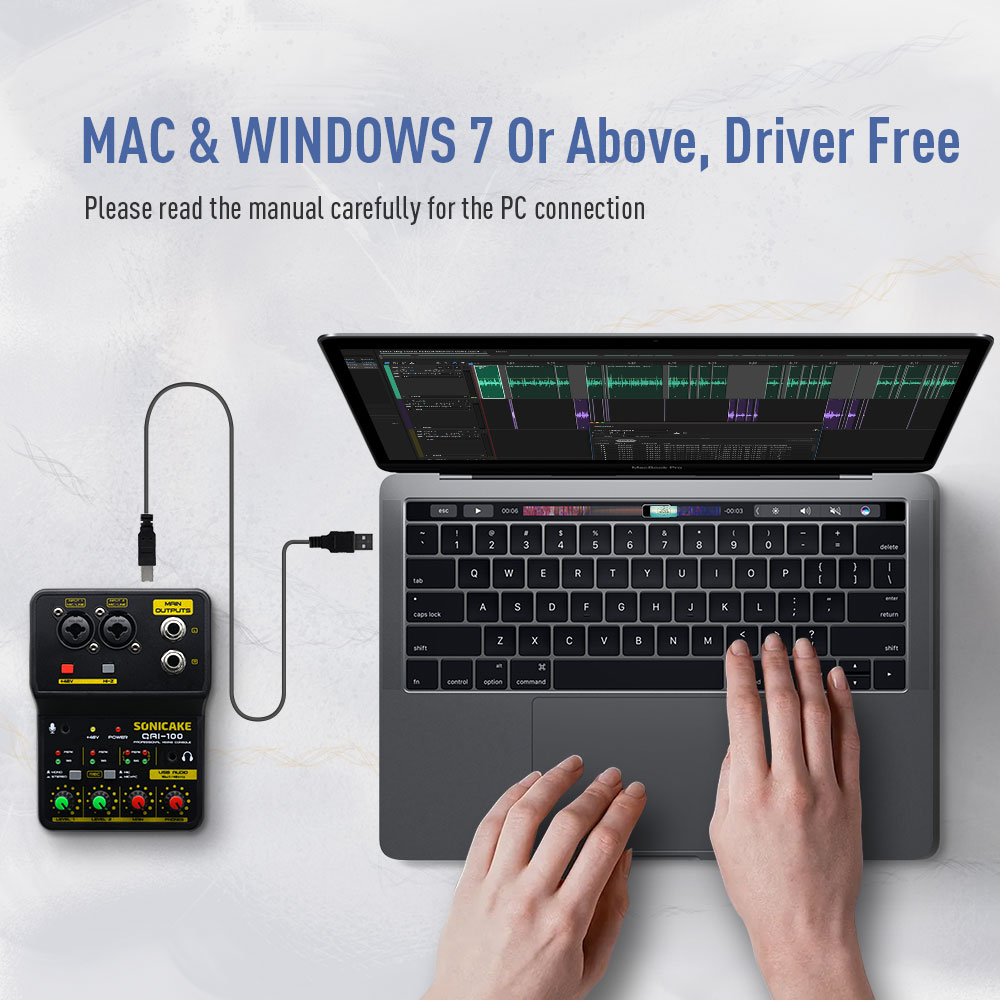 SONICAKE 2-Channel Mini Audio Mixer with Sound Card DJ Studio Music Recording Home Karaoke PC Compatible Mixing Console QAI-100