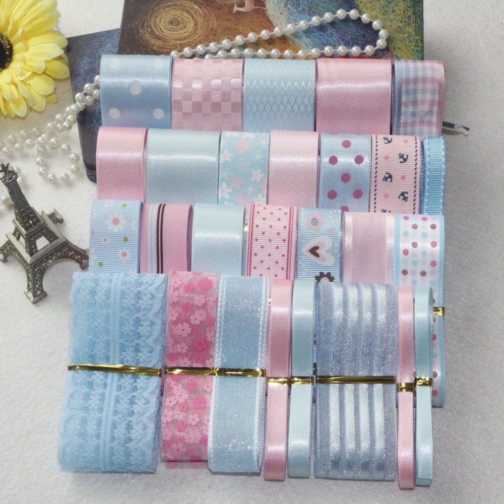 STYLE! DIY Ribbon Set---Pink & Light Blue Color Mix Ribbon Set ( total 31 yards)