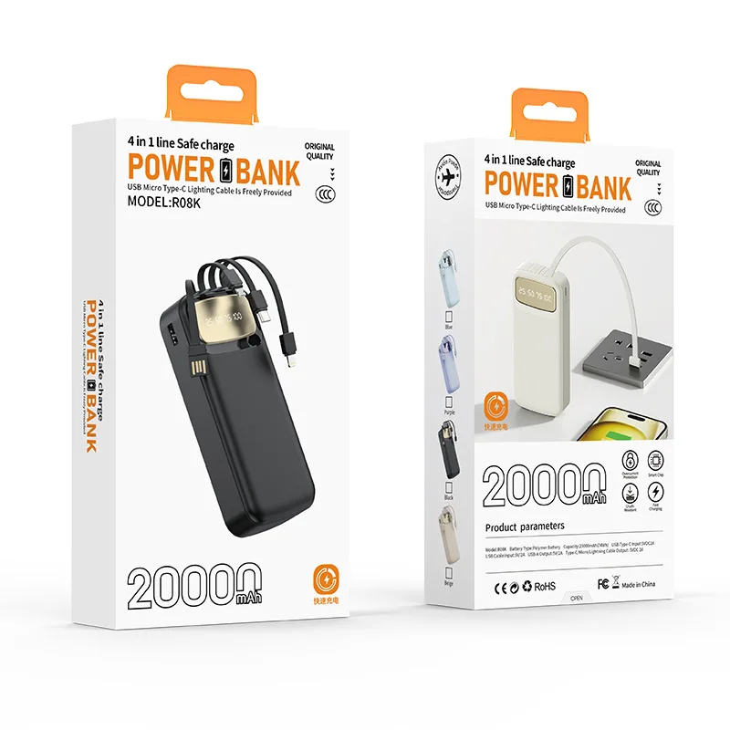 CCC Certified 10000mAh 20000mAh Power Bank Built in Type C Cable Ultra Thin Digital Display Portable External Battery Powerbank